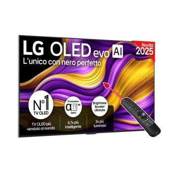 Vista frontale di una Smart TV LG OLED evo AI G5 4K Sullo schermo sono raffigurati i 12 anni di emblema OLED evo numero 1 al mondo e il logo LG OLED evo AI 2025.